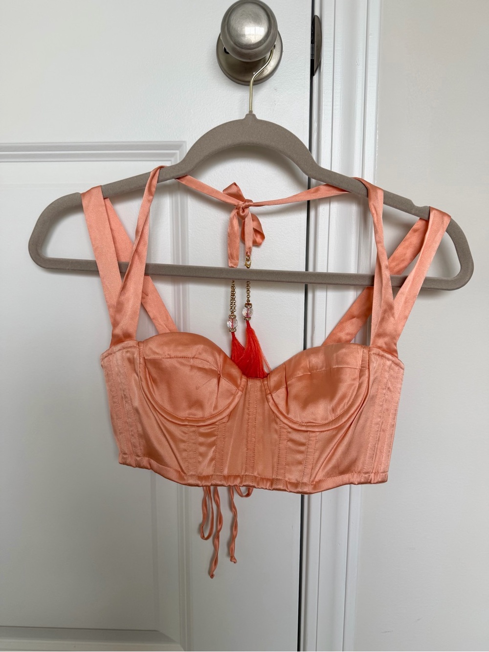 Roberto Cavalli Silk Peach Corset-Style Crop Top with Tassel Accents Vtg